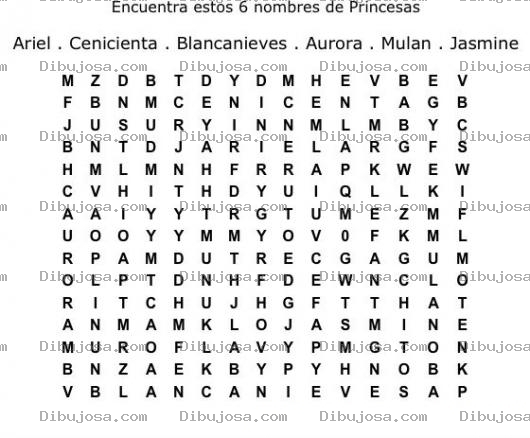 Dibujo para colorear Sopa De Letras De Princesas De Disney Para Imprimir