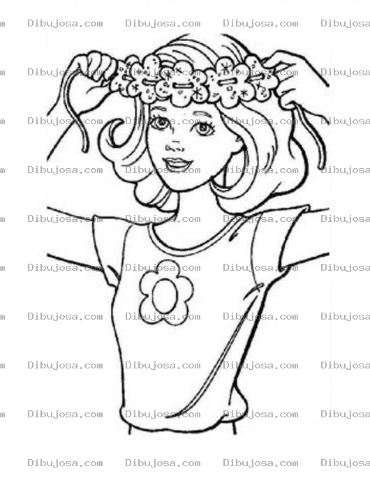 Dibujo para colorear Barbie De Pelo Corto Dibujo De Barby Poniendose Una Diadema De Flores En El Pelo Para Pintar Y Colorear
