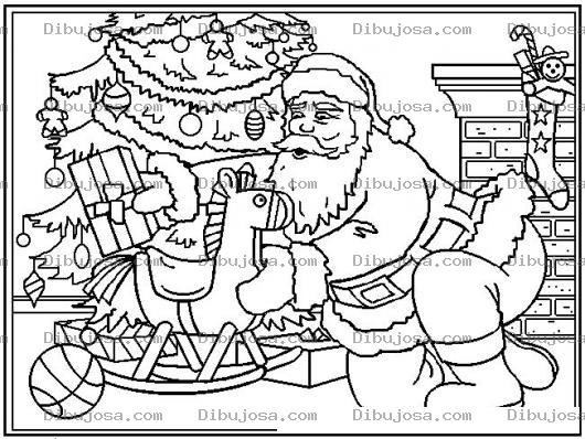 Dibujo para colorear Dibujo De Santaclaus Dejando De Regalo Un Caballito De Madera Abajo Del Arbol De Navidad Para Pintar Y Colorear