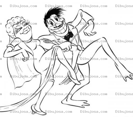 Dibujo para colorear Dibujo De Boda De Una Mujer Cara De Rana Casandose Y Bailando Con Un Hombre Con Pies De Rana Para Pintar Y Colorear