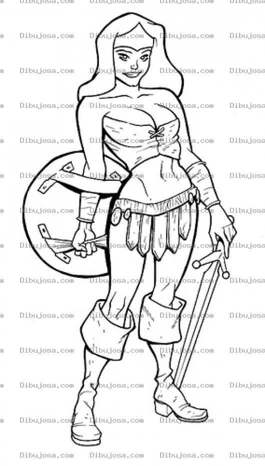 Dibujo para colorear Chica Guerrera Con Espada Y Escudo Para Pintar Y Colorear
