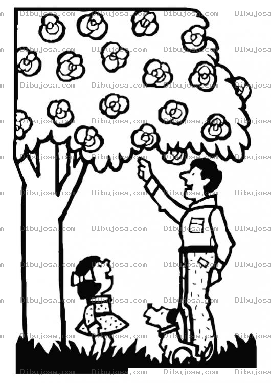 Dibujo para colorear Dibujo De Papap Cortando Flores De Un Arbol Para Su Hija Y Un Perrito Para Pintar Y Colorear