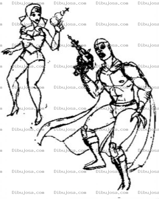 Dibujo para colorear Pareja De Super Heroes Con Pistolas Laser Para Pintar Y Colorear