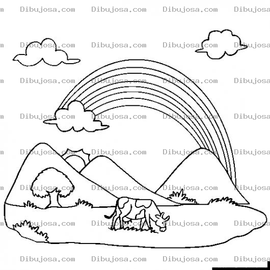 Dibujo para colorear Dibujo De Paisaje Con Una Vaca Y Un Arcoiris Al Fondo Para Pintar Y Colorear
