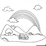 Dibujo para colorear Dibujo De Paisaje Con Una Vaca Y Un Arcoiris Al Fondo Para Pintar Y Colorear