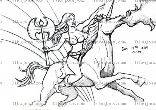 Dibujo para colorear Dibujo De Una Heroina Cabalgando Sobre Un Unicornio Debajo De Un Arcoiris Para Pintar Y Colorear