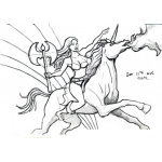 Dibujo para colorear Dibujo De Una Heroina Cabalgando Sobre Un Unicornio Debajo De Un Arcoiris Para Pintar Y Colorear