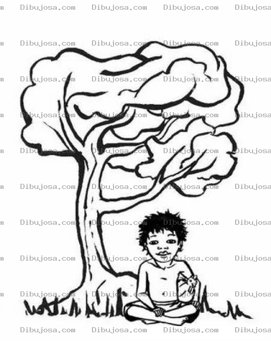 Dibujo para colorear Nino Desnutrido Debajo De Un Arbol Para Pintar Y Colorear