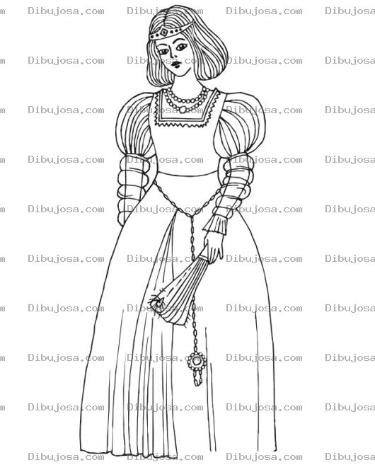 Dibujo para colorear Dibujo De Una Joven Princesa Con Diadema De Oro Y Un Abanico Para Pintar Y Colorear