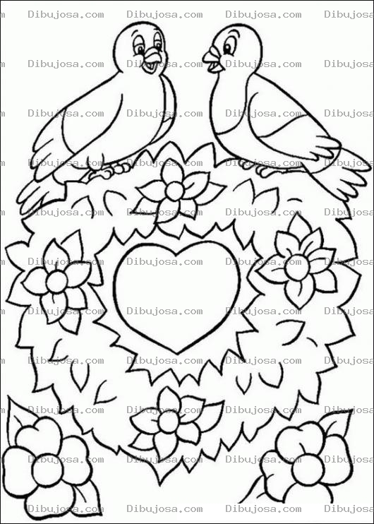 Dibujo para colorear Pajaritos Enamorados Sobre Una Ornamenta De Corazon Para Pintar Y Colorear