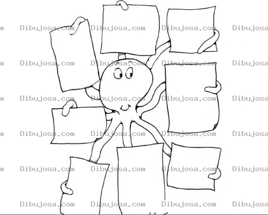 Dibujo para colorear Dibujo De Pulpo Con 8 Carteles En Blanco Para Pintar Y Colorear