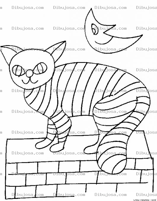 Dibujo para colorear Colorear Gato Rayado Bajo La Luna Sobre Un Tapial