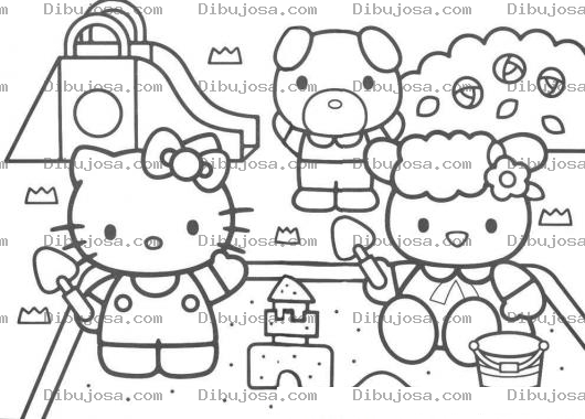 Dibujo para colorear pintar a hellokitty haciendo un castillo de arena
