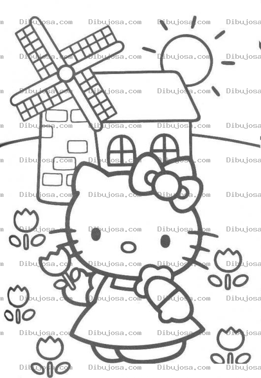 Dibujo para colorear colorear hello kity en casita de molino