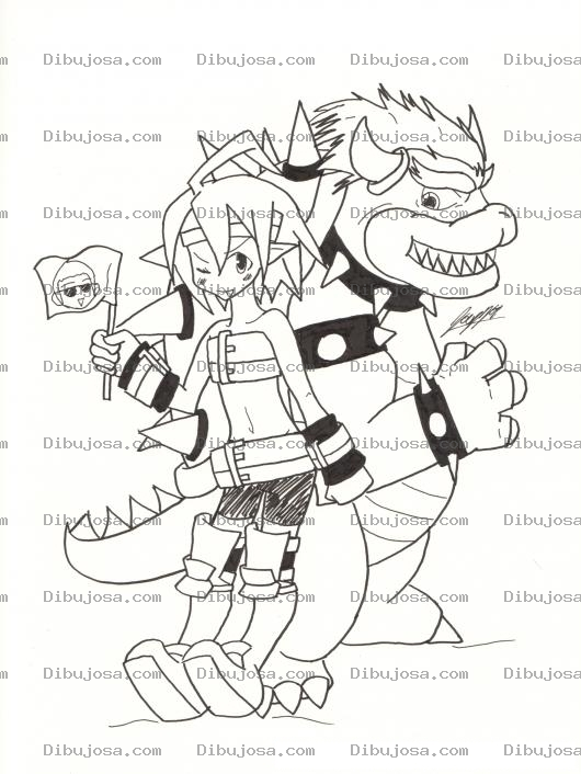 Dibujo para colorear Dibujo Del Dragon Bowser Con La Chica Peleadora Para Colorear Y Pintar