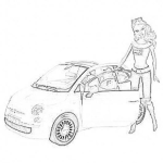Dibujo para colorear Barbie Con Su Carro Rosado Fiat 500 Para Pintar Y Colorear