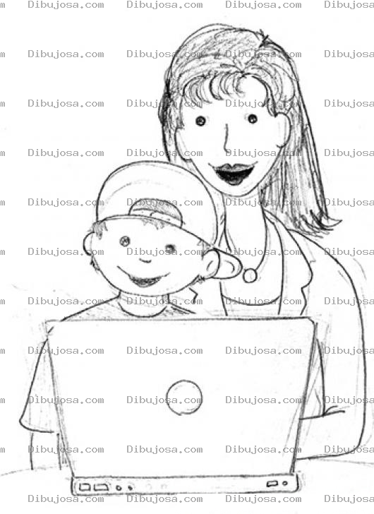 Dibujo para colorear Dibujo De Mama E Hijo En Una Laptop Para Pintar Y Colorear