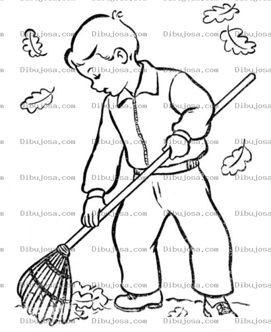 Dibujo para colorear Dibujo De Un Nino Barriendo Y Limpiadno Las Hojas Del Jardin Con Una Escoba