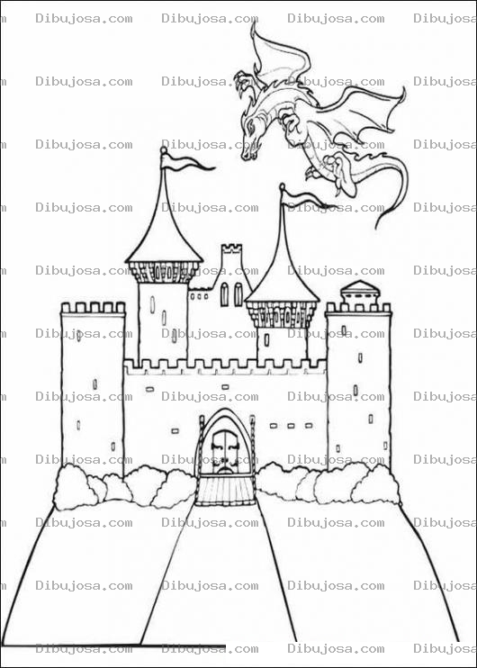 Dibujo para colorear Castillo con un dragon