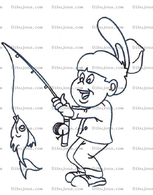 Dibujo para colorear Dibujo De Un Nino Pescando Un Pez Con Cana De Pescar Para Pintar Y Colorear
