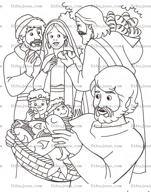Dibujo para colorear Colorear los peces y los panes de Jesus