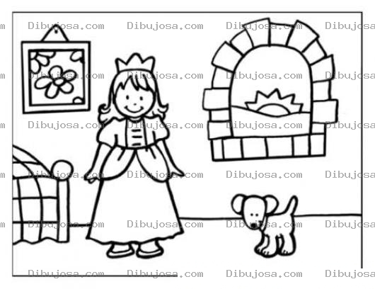 Dibujo para colorear Dibujo De Proincesa En Su Casa Con Un Perrito Para Colorear