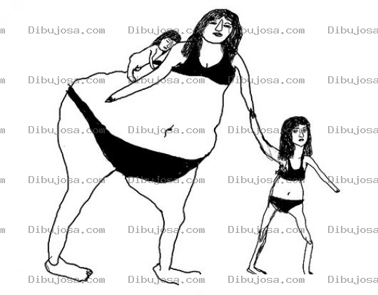 Dibujo para colorear Mujer Gorda En Bikini Con Dos Ninas Para Pintar Y Colorear
