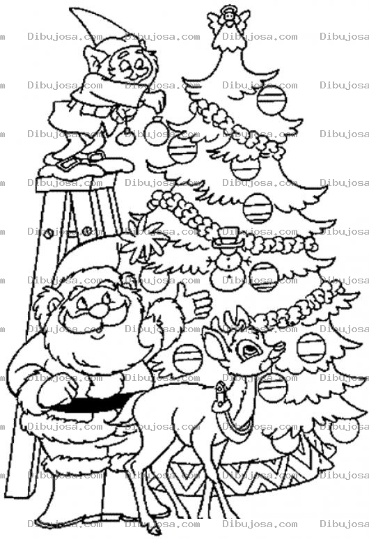 Dibujo para colorear Dibujo De Papa Noel Adornando Arbol De Navidad Para Colorear