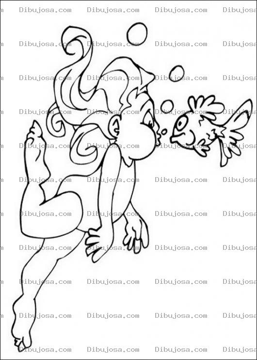Dibujo para colorear Dibujo De Nina Nadando Abajo Del Agua Para Pintar Y Colorear Nina Sumergida En El Mar Frente A Un Pecesito