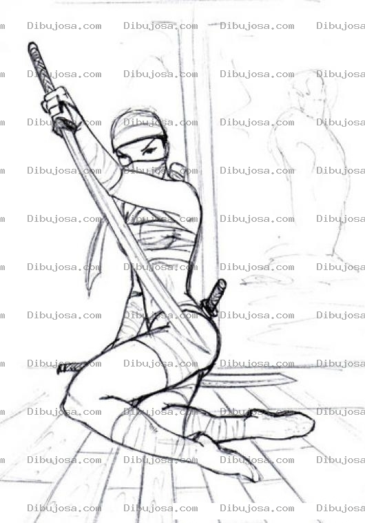 Dibujo para colorear Dibujo De Mujer Ninja Con Espada Y Ojos Bendados