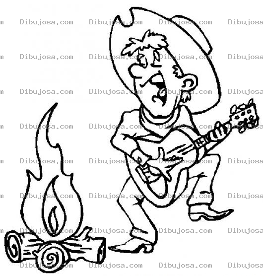 Dibujo para colorear Dibujo De Vaquero Ranchero Cantando Con Guitarra Frente A Una Fogata Para Colorear