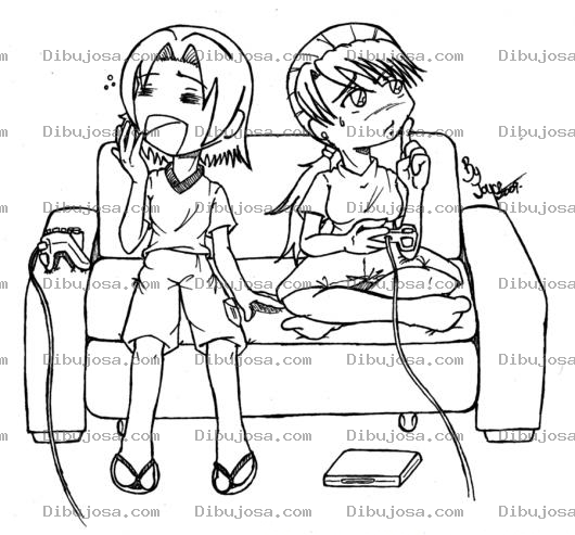 Dibujo para colorear Dibujo De Chica Aburrida Jugando Playstation En El Sofa De Su Novio Para Pintar Y Colorear