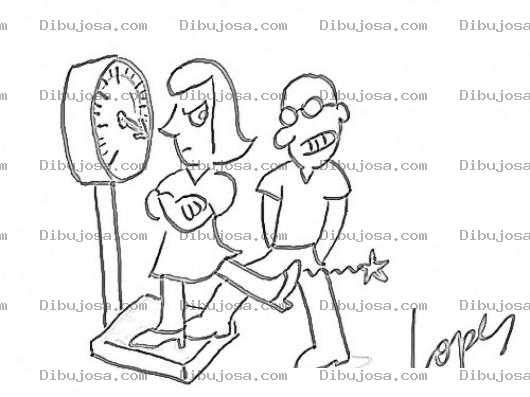 Dibujo para colorear Dibujo De Mujer Pesandose En Una Balanza Enojada Con Su Marido Que Le Hace Trampa En El Peso Para Pintar Y Colorear