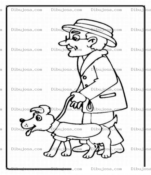 Dibujo para colorear Colorear a un viejito paseando a su perro