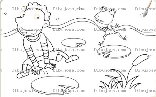 Dibujo para colorear Dibujo De Nino Saltando Con Una Rana En Un Estanque De Ranas Para Pintar Y Colorear
