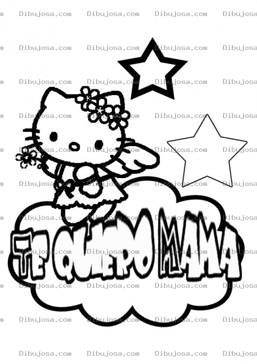 Dibujo para colorear Tarjeta De Te Quiero Mama Para Pintar Y Colorear Con Hello Kitty Sobre Una Nube