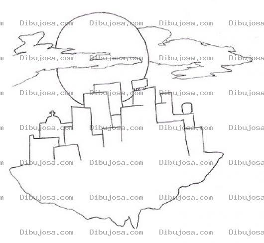 Dibujo para colorear Dibujo De Ciudad De Noche Con Luna Llena Para Pintar Y Colorear