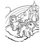 Dibujo para colorear caballitos pony en su castillo para pintar