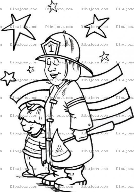 Dibujo para colorear Dibujo De Una Mama Bombero Con Su Hijo Para Pintar Y Colorear una mujer bombera