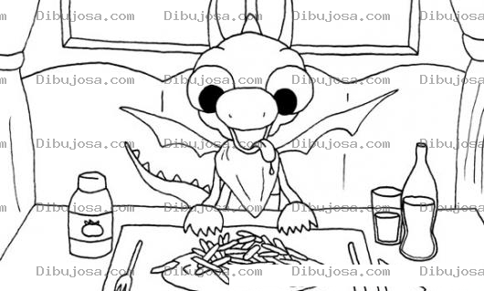 Dibujo para colorear Dibujo De Dragoncito Comiendo Papas Fritas Con Ketchup Y Tomando Cocacola Para Pintar Y Colorear