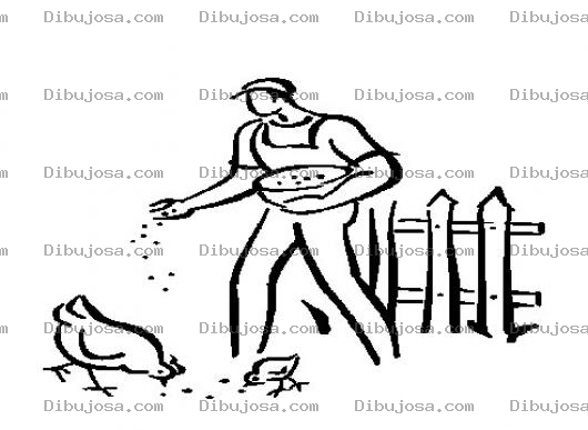 Dibujo para colorear Dibujo De Hombre Alimentando A Una Gallina Y Un Pollo Para Pintar Y Colorear