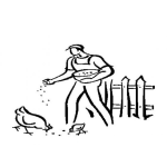 Dibujo para colorear Dibujo De Hombre Alimentando A Una Gallina Y Un Pollo Para Pintar Y Colorear