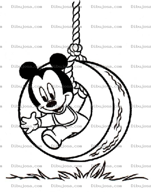 Dibujo para colorear Dibujo De Mickey Mouse Bebe Jugando En Un Columpio De Llanta Para Pintar Y Colorear Columpio De Neumatico