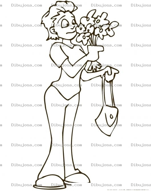 Dibujo para colorear Dibujo De Mujer Con Ramo De Flores Para Pintar Y Colorear