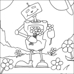 Dibujo para colorear Robot Enamorado Cortando Flores Para Pintar Y Colorear Dibujo De Un Robot Colgado