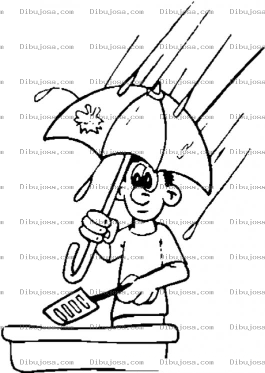 Dibujo para colorear Dibujo De Hombre Asando Carne Bajo La Lluvia Con Una Sombrilla Y Una Espatula Para Pintar Y Colorear