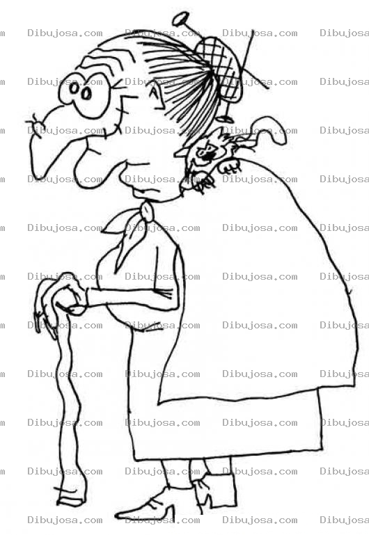 Dibujo para colorear Dibujo De Abuelita Con Capa Y Baston Con Un Gato En El Cuello Con Agujas De Tejer En El Pelo Y Berruga En La Nariz Para Pintar Y Colorear