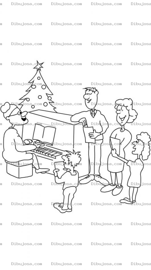 Dibujo para colorear Familia Cantando Villancicos De Navidad Frente A Santa Claus Tocando El Organo Para Pintar Y Colorear