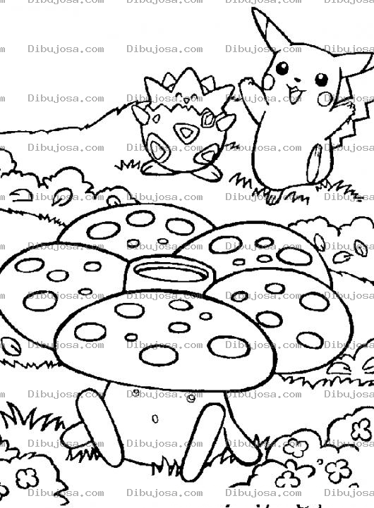 Dibujo para colorear Dibujo De Pokemones En Campo De Hongos Para Pintar Y Colorear