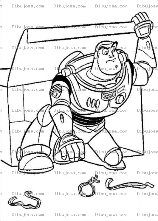 Dibujo para colorear Buzz Lightyear saliendo de una caja de carton